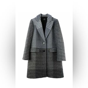 TWINSET Simona Barbieri Black/Gray/Blue Checkered Wool Coat